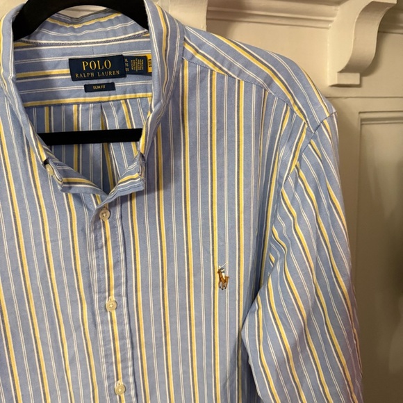Polo Ralph Lauren Men Blue Striped Oxford Slim Fit Button Down Flesh Pony Sz XLT - Picture 12 of 12